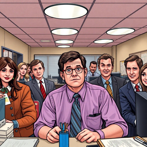 satirical humor, vibrant, Steve Carell, ensemble cast, mockumentary style, quirky, everyday life, work environment, subtle irony, character dynamics, Michael Scott, Dunder Mifflin, Scranton, Pennsylvania, documentary filming, 2000s television, comedic timing, deadpan expression, cultural phenomenon, paper company, witty banter, office antics, relatable humor, office supplies, Jim Halpert, Pam Beesly, Dwight Schrute, team dynamics, overhead fluorescent lighting, mundane yet charming, round camera angles, workplace relationships, graphic novel influence, Roy Lichtenstein, pop art, exaggerated expressions, dynamic paneling, bold outlines, vibrant color palette, humor-infused, relatable storytelling, office dynamics, unique personalities, satirical brilliance, vibrant composition, comic strip style, artful simplicity, engaging narration, visual humor, character focus