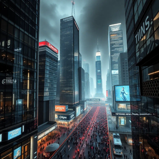 corporate, skyscrapers, bustling cityscape, Richard Estes, hyper-realism, modernism, glass facades, neon lights, urban geometry, aerial perspective, dynamic movement, bustling crowds, sophisticated, monochrome with vibrant accents, sleek textures, architectural grandeur, metropolitan vibe, futuristic lines, innovative design, business district, financial hub, urban mood, reflections and shadows, corporate symbolism, network connectivity, digital age