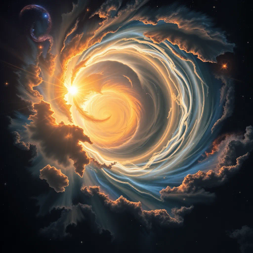 cosmic phenomenon, swirling vortex, event horizon, radiant luminosity, Albert Bierstadt-inspired, baroque grandeur, contrasting shadows, ethereal glow, interstellar dust, infinite void, dynamic motion, gravitational pull, dark matter, space-time fabric, celestial mystery, enigmatic atmosphere, surreal juxtaposition, expansive scale, cosmic harmony, timeless elegance, elemental forces, transcendental experience, visual allegory, metaphysical exploration, swirling galaxies, vibrant nebulae, celestial wonders, cosmic energy, abstract forms, galactic core, universe creation, cosmic symbolism, astronomical art