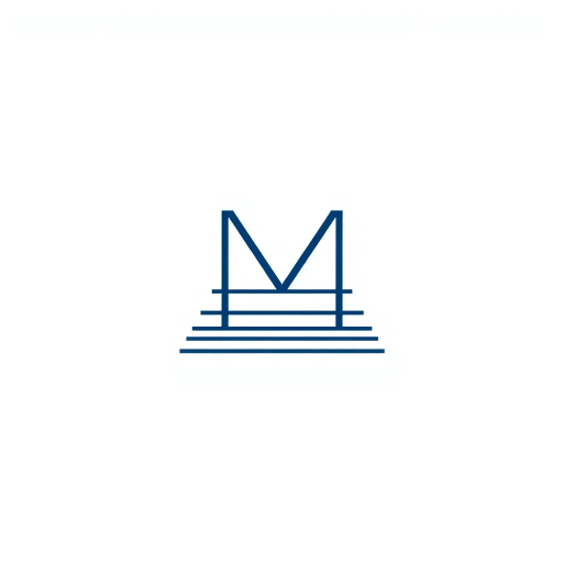 geometric design, capital letter M, lettermark, thin horizontal lines, vertical strokes, levels of hierarchy, ladder rungs, indigo blue, minimalism, vector art, clean lines, modern aesthetic, white background, simplicity, corporate identity, visual hierarchy, negative space, Bauhaus influence, symmetry, precision, branding, elegant composition, minimalistic style