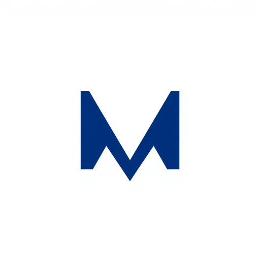 minimal M logo, perspective convergence, depth, hierarchy, solid indigo blue, geometric, modern tech design, flat vector, white background, Bauhaus influences, clean lines, symmetry, contemporary aesthetics, spatial innovation, futurism, precision, abstraction, innovative branding, structural elegance