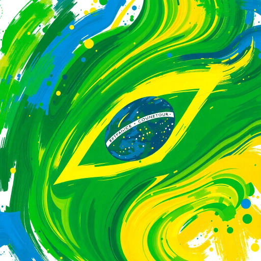 vibrant Brazilian flag, swirling colors, dynamic movement, tropical influences, modern digital techniques, vivid greens, deep yellows, royal blues, abstract expressionism, colorful splashes, textured layering, cultural richness, iconic symbolism, national pride, rhythmic patterns, energetic composition, oval forms, contemporary interpretation, lively atmosphere, digital brushstrokes, experimental canvas, immersive scale, seamless blend, harmony and unity, historical resonance, artistic celebration