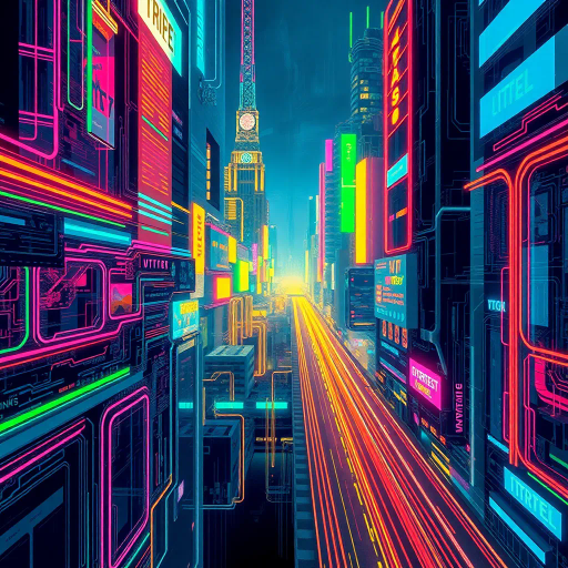 vibrant neon colors, abstract forms, digital revolution, cybernetic patterns, glowing circuitry, edgy urban landscape, futurism, cyberpunk aesthetic, movement in stillness, pulsating energy, dynamic lighting, bold contrast, high-tech elegance, night cityscape, digital brush strokes, synthetic textures, William Gibson influence, alternate dimension, sleek geometry, modern symbolism, edgy narrative, technological advancement, surreal energy