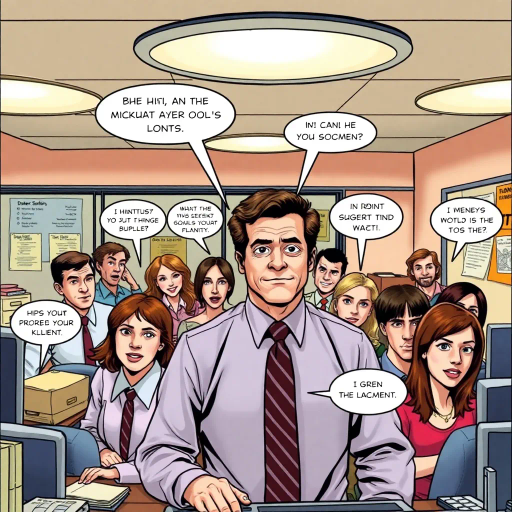 satirical humor, vibrant, ensemble cast, mockumentary style, quirky, everyday life, work environment, subtle irony, character dynamics, Michael Scott, Dunder Mifflin, Scranton, Pennsylvania, documentary filming, 2000s television, comedic timing, deadpan expression, cultural phenomenon, witty banter, office antics, relatable humor, office supplies, team dynamics, mundane yet charming, overhead fluorescent lighting, round camera angles, workplace relationships, colorful panels, exaggerated expressions, bold outlines, humorous dialogue, Steve Carell, comic strip format, contrasting tones, narrative flow, dynamic layouts