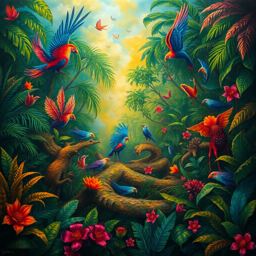 vibrant rainforest, carnival energy, tropical palette, intricate textures, Gustavo Rosa, surrealism, expressive forms, dynamic movement, colorful feathers, mystical beings, atmospheric perspective, lush foliage, samba rhythms, cultural tapestry, radiant lighting, whimsical creatures, vibrant celebrations, exotic wildlife, lively atmosphere, magical realism, imaginative scenery, rhythmic patterns, bold silhouettes