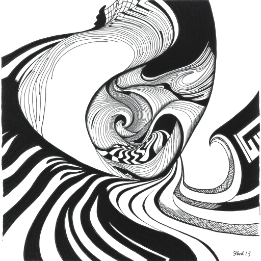 geometric shapes, intricate patterns, flowing lines, minimalist design, abstract expression, monochrome palette, dynamic movement, M.C. Escher influence, precise detailing, linear perspective, visual harmony, contour emphasis, spatial depth, surreal geometry, optical illusions, mathematical precision, avant-garde composition, Escherian landscapes, pen and ink medium, black and white contrast, intersecting lines, detailed tessellation, fluid dynamics, rhythmic patterns, visual paradox, complex symmetry, creative geometry, fine linework, subtle gradients, modern abstraction, artistic innovation, interlocking forms, infinite loops, artistic paradox, surreal complexity, Escheresque illusions, visual enigma, intricate symbology, artistic contemplation