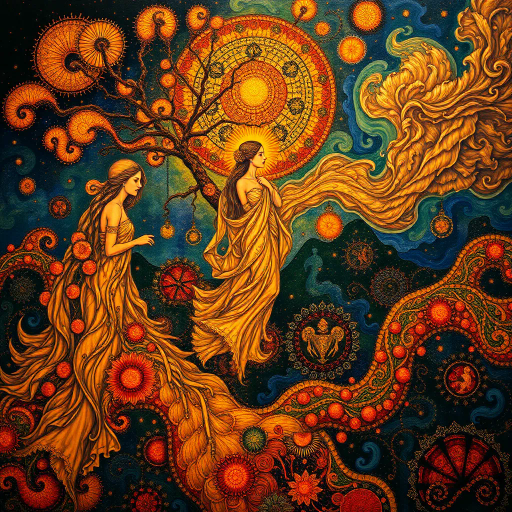 existence, allegorical, Gustav Klimt, surrealism, Baroque, chiaroscuro, vibrant hues, intricate patterns, emotional depth, ethereal landscapes, evolving forms, organic growth, transformation, essence, ancient wisdom, dreamlike, Alphonse Mucha, flowing movement, cosmic scale, rich textures, timeless, delicate balance, metaphorical journey, life force, symbolic elements, interconnectedness