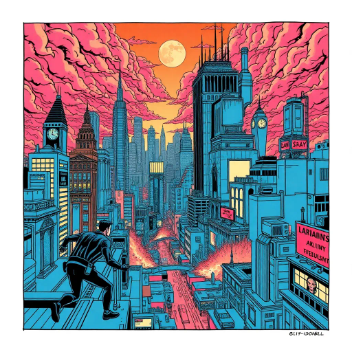 dystopian grandeur, vibrant cityscapes, dynamic superheroes, Jack Kirby-inspired linework, bold colors, 21st-century urban environments, dramatic perspectives, pop art influence, intense action scenes, cultural symbolism, heroic movements, comic panels, retro-futuristic elements, intense shading, ink outlines, epic scale, kinetic energy, emotional intensity, modern mythologies, graphic storytelling