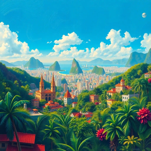 vibrant rainforest, sprawling cityscapes, Rio Carnival celebration, modernist architecture, Tarsila do Amaral, tropical paradise, lush landscapes, Samba rhythm, vivid color palettes, dynamic movement, cultural fusion, vibrant street art, warm sunlight, Copacabana beach, panoramic views, rich biodiversity, Botero-inspired figures, expressive brushstrokes, Amazon River, intricate textures, joyous atmosphere, cultural heritage, Henri Rousseau influence, energetic composition