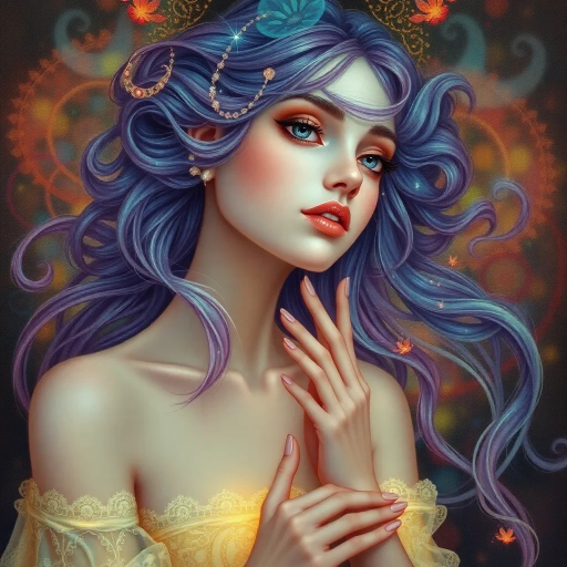 ethereal presence, reminiscent of Alphonse Mucha, art nouveau influences, delicate lines, vibrant colors, flowing forms, luminescent highlights, dreamlike textures, symbolist undertones, mysterious aura, expressive gaze, elegant posture, intricate patterns, mesmerizing composition, subtle elegance, serene mood, intricate detail, gentle brushwork, harmonious balance, artistic whimsy