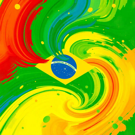 vibrant Brazilian flag, swirling colors, dynamic movement, tropical influences, modern digital techniques, vivid greens, deep yellows, royal blues, abstract expressionism, colorful splashes, textured layering, cultural richness, iconic symbolism, national pride, rhythmic patterns, energetic composition, oval forms, contemporary interpretation, lively atmosphere, digital brushstrokes, experimental canvas, immersive scale, seamless blend, harmony and unity, historical resonance, artistic celebration