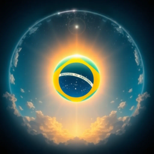 vivid colors, national symbol, Brazil, celestial sphere, infinite sky, tropical vibrancy, geometric symmetry, modernist influence, bold lines, emerald green, golden yellow, azure blue, luminescent glow, cultural pride, dynamic composition, contemporary elements, rhythmic energy, abstract representation, South American essence, harmonious balance, global unity, festive spirit, optical illusion, expansive space, contrasting tones