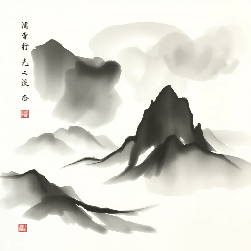 traditional, Chinese ink wash, sumi-e, Zhang Daqian, bold brushstrokes, fluid motion, monochrome palette, dynamic contrast, abstract landscapes, ethereal scenes, calligraphy influence, minimalism, serene mood, cultural heritage, poetic expression, meditative ambiance, harmonious balance, spiritual symbolism, sweeping gestures, water-based medium, paper texture, ancient techniques, subtle gradients, timeless elegance, ink diffusion, meditative process, ephemeral beauty, atmospheric perspective, natural forms