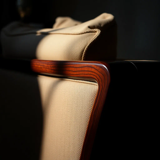 luxurious sofa, intricate wood detailing, contemporary design, Hans Wegner inspired, chiaroscuro lighting, rich mahogany texture, sleek modernism, subtle curves, high gloss finish, Nordic elegance, intimate close-up, deep shadows, craftsmanship focus, timeless beauty, artisanal carving, warm earth tones, inviting comfort, mid-century modern influence, refined elegance, sophisticated composition, tactile experience, luxurious ambiance, crisp geometry, harmonious balance, natural materials, minimalist approach, serene atmosphere, exquisite craftsmanship