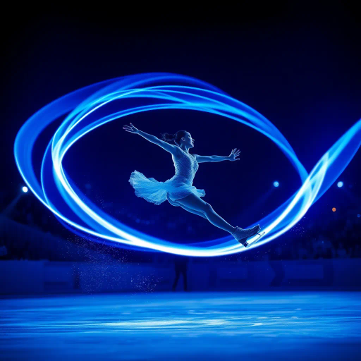 olympic figure skating contestant, graceful motion, dynamic fluidity, icy precision, Yves Klein blue, luminescent background, ethereal light lines, captivated spectators, motion trails, vivid expressionism, choreographed elegance, modern athleticism, ephemeral glow, international spectacle, illuminated ambiance, vibrant energy, harmonious movement, surreal light play, emotional intensity, contemporary competition