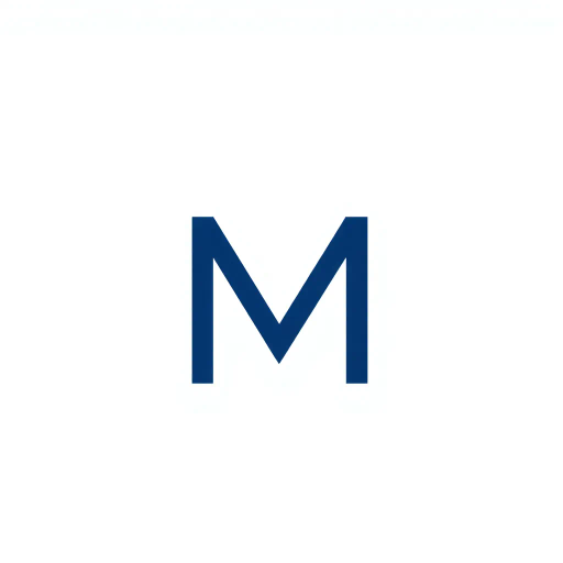 geometric design, capital letter M, lettermark, thin horizontal lines, vertical strokes, levels of hierarchy, ladder rungs, indigo blue, minimalism, vector art, clean lines, modern aesthetic, white background, simplicity, corporate identity, visual hierarchy, negative space, Bauhaus influence, symmetry, precision, branding, elegant composition, minimalistic style