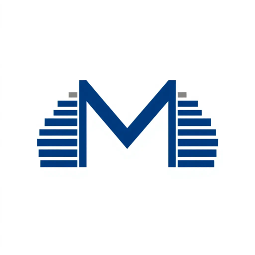bold letter M, parallel strokes, tapering structure, upward hierarchy, indigo blue, geometric precision, vector design, minimalist aesthetic, structural elegance, balance and symmetry, clean composition, white background, modernist influences, Bauhaus geometry, minimal lines, disciplined form, artistic clarity