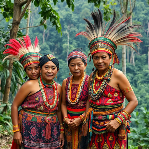 Orang Asli, indigenous culture, traditional attire, vibrant colors, cultural richness, intricate patterns, Southeast Asian influences, lush rainforest backdrop, diversity of people, community spirit, harmony with nature, jungle flora and fauna, indigenous symbols, artistic heritage, cultural preservation, storytelling through art, dynamic composition, immersive scenery, deep respect, earthy tones, tactile textures, human connection, cultural tapestry, archipelago, ancient wisdom, future aspirations, cultural resilience, evocative mood