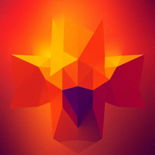 simplistic geometric design, low poly art, fiery glow, vibrant hues, warm color palette, polygonal shapes, dynamic movement, abstract interpretation, minimalistic composition, angular forms, digital rendering, overlapping planes, contemporary style, sculptural quality, energy and warmth, 3D visualization, soft gradients, playful essence, artistic reduction, modern abstraction
