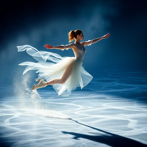 graceful figure skater, winter olympics, ethereal elegance, dynamic movement, icy blues and silvers, cold breath mist, delicate ice patterns, olympic gold dreams, choreography and poise, vibrant energy, frozen water reflections, chiaroscuro lighting, contemporary representation, moment frozen in time, renaissance elegance, modern athleticism, emotional triumph, dramatic lighting, figure skater in flight, emotional depth, Art Nouveau influences