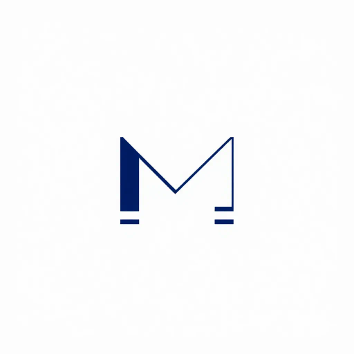 bold M logo, geometric precision, structured layers, Bauhaus influence, modern minimal SaaS branding, flat vector, indigo on white, contemporary design language, minimalist aesthetics, clean design, structured composition, primary color palette, visual balance, negative space utilization, corporate identity, digital branding, clarity in form, modernist simplicity, solid geometric letter, subtle thin horizontal connector lines, artistic intent