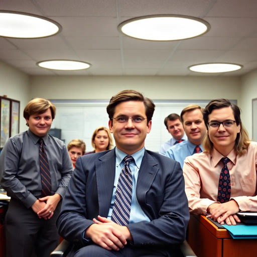 The Office, TV show, satirical humor, vibrant, Steve Carell, ensemble cast, mockumentary style, quirky, everyday life, work environment, subtle irony, character dynamics, Michael Scott, Dunder Mifflin, Scranton, Pennsylvania, documentary filming, 2000s television, comedic timing, deadpan expression, cultural phenomenon, paper company, witty banter, office antics, relatable humor, office supplies, Jim Halpert, Pam Beesly, Dwight Schrute, team dynamics, overhead fluorescent lighting, mundane yet charming, round camera angles, workplace relationships