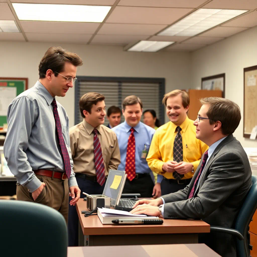 satirical, workplace comedy, 2000s television, vibrant characters, humorous interactions, Michael Scott, Jim Halpert, Dwight Schrute, sardonic wit, office dynamics, banter, mundane setting, Scranton, paper company, unconventional storytelling, ensemble cast, mockumentary style, Steve Carell, quirky relationships, deadpan humor, varied personalities, narrative arcs, expressive body language, exaggerated emotions, bright lighting, cheerful ambiance, subtle social commentary, scenographic composition