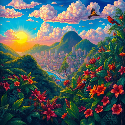 vivid rainforests, carnival atmosphere, vibrant colors, intricate details, lush foliage, rich cultural heritage, magical realism, surreal clouds, tropical wildlife, Henri Rousseau influence, rhythmic movement, radiant sunlight, festive mood, intricate patterns, exotic birds, mythical elements, celebratory spirit, tropical flora, samba rhythm, enchanting scenery, Brazilian landscape, sprawling cityscapes, Rio Carnival celebration, modernist architecture, Tarsila do Amaral, vivid color palettes, dynamic movement, cultural fusion, vibrant street art, warm sunlight, Copacabana beach, panoramic views, rich biodiversity, Botero-inspired figures, expressive brushstrokes, Amazon River, intricate textures, joyous atmosphere, Jorge Selarón, Carmen Miranda, exuberant colors, dynamic samba dancers, vivid patterns, indigenous art, celebratory mood, Afro-Brazilian heritage, bold compositions, fluid movement, warmth and energy, sunlit landscapes, urban diversity, festive atmosphere, chromatic brilliance, Carmen Miranda, surrealism, rhythmic energy, expressive colors, lively street scenes, atmospheric perspective, magical realism, spirited festivities, complex compositions, whimsical elements, fantastical landscapes, azure ocean waves, golden sands, aerial perspective, modern tropical art, serene atmosphere, Impressionist influences, playful compositions, natural harmony, coastal life, South American culture