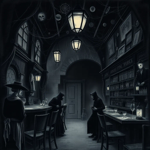eerie bar, dimly lit, shadows, gothic noir, Edward Gorey, suspenseful atmosphere, chiaroscuro lighting, vintage ambiance, haunted tavern, ominous undertones, dark fantasy, unsettling mood, mystery, cobweb textures, ghostly presence, dramatic angles, retro horror, monochrome palette, foreboding aura, timeless space, enigmatic symbols, spectral patrons, midnight hour, detail-rich illustration, mystery, suspense, noir, sinister vibe, intricate linework, haunting visuals, surreal elements, macabre details, atmospheric depth, layered storytelling, dark undertones