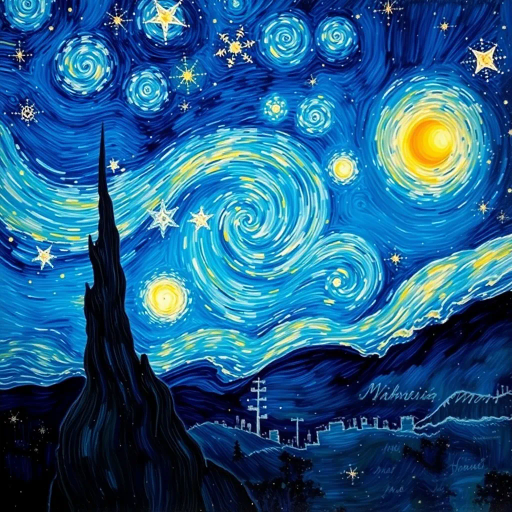 dazzling constellation, Vincent van Gogh, surrealism, ethereal, twilight sky, shimmering celestial bodies, cosmic dance, luminescent, swirling patterns, vivid color palette, mystical atmosphere, dreamlike, night sky tapestry, universe's canvas, intricate details, celestial symphony, expansive, wondrous universe, astral plane, whimsical abstraction, radiant glow, imaginative cosmos, celestial harmony, vibrancy, nightscape