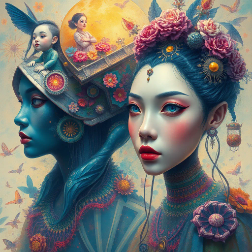 ethereal portraiture, futuristic elements, vibrant hues, dynamic composition, intricate detailing, diverse cultural motifs, emotive expression, luminous textures, inspired by Hayao Miyazaki, surrealistic influences, bold contrasts, vivid imagination, fantastical themes, dreamlike atmosphere, whimsical aesthetics, modern technology, fluid brushstrokes, digital rendering, immersive presence, creative storytelling, visual poetry