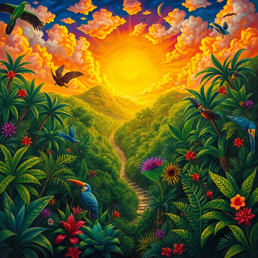 vivid rainforests, carnival atmosphere, vibrant colors, intricate details, lush foliage, rich cultural heritage, magical realism, Brazilian landscape, surreal clouds, tropical wildlife, Henri Rousseau influence, rhythmic movement, radiant sunlight, festive mood, intricate patterns, exotic birds, mythical elements, celebratory spirit, tropical flora, samba rhythm, enchanting scenery