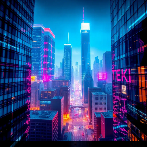futuristic cityscape, corporate skyscrapers, neon lights, dynamic angles, bustling metropolis, ultra-modern architecture, sleek glass surfaces, vibrant night scene, cybernetic elements, kinetic energy, high-tech commerce, digital finance, dynamic compositions, electric blues and purples, intricate details, business networking, abstract geometric forms, innovative enterprise, technological advancement, global economy influence, cutting-edge aesthetics, juxtaposition of shadows and highlights, pulsating with life, fast-paced environment, symbolic of modern ambition, convergence of technology and tradition
