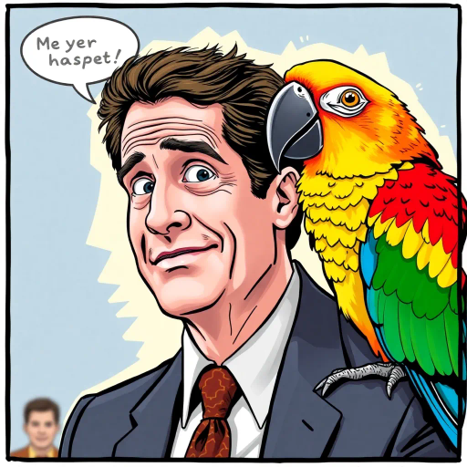 Michael Scott, colorful parrot, vibrant colors, humorous expression, dynamic composition, satirical tone, sketch-like outlines, exaggerated features, playful mood, vibrant palette, pop art style, interplay of humor and absurdity, The Office, Steve Carell, ensemble cast, mockumentary style, quirky everyday life, subtle irony, character dynamics, Dunder Mifflin, Scranton, Pennsylvania, documentary filming, comedic timing, deadpan expression, cultural phenomenon, witty banter, office antics, relatable humor, Jim Halpert, Pam Beesly, Dwight Schrute, team dynamics, expressive line work, sequential art, vibrant panels, humor-driven narratives, pop culture references, iconic moments, quirky personalities, exaggerated expressions, narrative humor