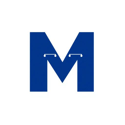 minimalism, bold letter M, geometric abstraction, solid form, small V-shaped connectors, branching tree structure, hierarchies, indigo blue, flat vector design, clean modern aesthetic, SaaS branding, white background, Bauhaus influence, contemporary graphic design, clean lines, precision, balance and symmetry, corporate identity, abstract symbolism, visual clarity