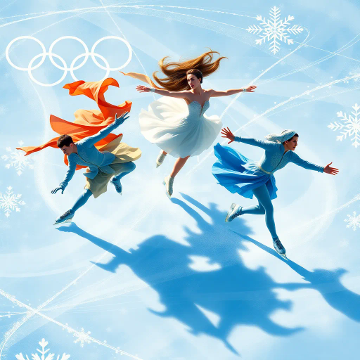 winter Olympics, figure skating, athletes in motion, majestic grace, dynamic poses, icy blues and whites, shimmering ice, golden highlights, expressive movement, high contrast, detailed costumes, modern elegance, vibrant energy, Chagall-inspired figures, snowflake patterns, geometric ice, dramatic composition, aerial view, swirling patterns, frost-like textures, delicate brushwork, ethereal atmosphere, competitive spirit, Olympic rings, timeless elegance, global celebration