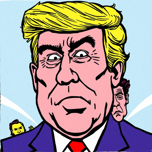 satirical caricature, exaggerated features, political symbolism, vibrant colors, pen-and-ink textures, Roy Lichtenstein influence, pop art era, humor-driven narrative, dynamic composition, bold outlines, American cultural elements, emotionally charged expressions, satirical tone, mid-20th century reference, iconic imagery, energetic line work, visual wit, comic strip aesthetics, subversive commentary, metaphorical elements, comic-book style, playful irony, cultural critique, narrative impact, interactive storytelling, graphic storytelling, layered humor, visual metaphor