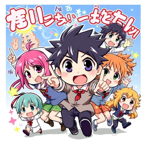 colorful, expressive, anime, manga, Japanese culture, kawaii, vibrant, dynamic poses, exaggerated emotions, chibi characters, big eyes, action-packed, fantasy elements, magical powers, school life, friendship, adventure