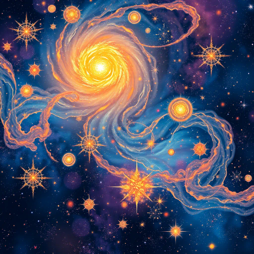 celestial tapestry, cosmic wonder, stardust glow, ethereal brilliance, Vincent van Gogh inspiration, swirling galaxies, vibrant colors, luminous nebulae, deep space expanse, astral aesthetics, midnight blues, radiant whites, mystic ambiance, infinite cosmos, high contrast, star clusters, expansive universe, delicate radiance, otherworldly brilliance, astral motifs, boundless imagination