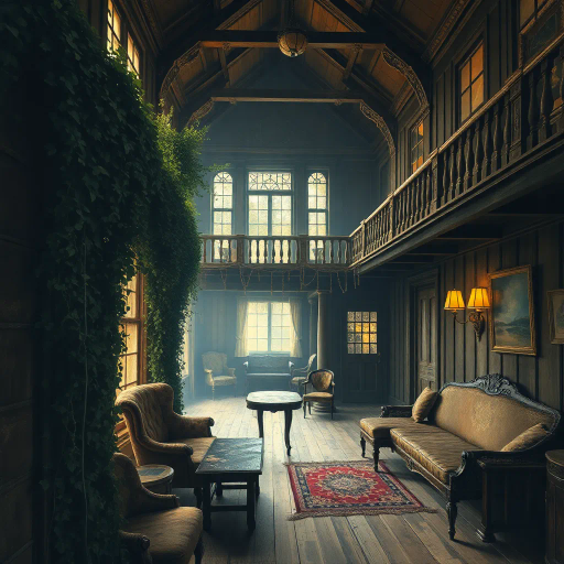 vintage architecture, rustic nostalgia, Impressionist influence, Edward Hopper, warm earth tones, chiaroscuro lighting, textured surfaces, soft brush strokes, emotional depth, historical ambiance, cozy atmosphere, mid-20th century aesthetic, weathered wood, intricate detail, melancholic mood, natural decay, timelessness, classic charm, storytelling through space, intimate setting, muted palette, artistic narrative, William Turner, artistic decay, atmospheric composition, serenity, abandoned Victorian mansion, overgrown ivy, gothic architecture, misty atmosphere, surrealism, Tim Burton influence, cobweb textures, eerie stillness, romantic ruin, shadows and highlights, Victorian era, antique furniture, faded opulence, storytelling, melancholic nostalgia, high detail, atmospheric depth, dilapidated elegance, mystery and allure, historical aura, vintage charm, fantasy, magical realism, enigmatic, rich symbolism, Baroque influences, ethereal, dreamlike, twilight hues, sepia tones, forgotten history, immersive narrative