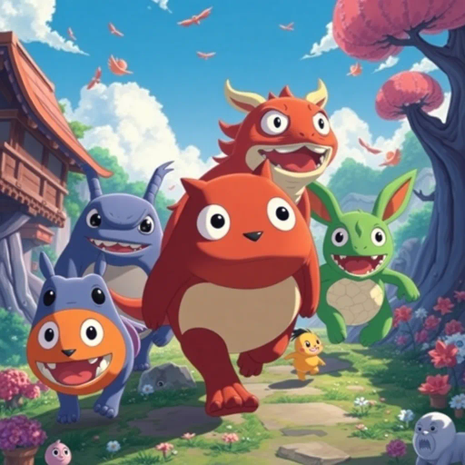 vibrant, Studio Ghibli, dynamic movement, bright colors, cel shading, whimsical, fantastical creatures, Japanese culture, expressive characters, large eyes, detailed scenery, storytelling, emotion-filled, Miyazaki-esque, surreal worlds, imaginative, youthful energy, modern twists, visual storytelling, romanticism, enchanting landscapes, cultural motifs, bold outlines