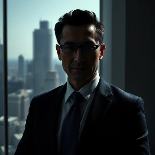 executive portrait, chiaroscuro lighting, sleek design, authority, power, business attire, professional setting, corporate environment, elegance, contemporary high-rise, urban backdrop, soft shadows, confidence, leadership, minimalistic, ceo style, monochromatic color palette, sophisticated, balanced composition, dynamic angles, reflective surfaces, formal posture, 21st century, urban chic, commanding presence, sharp focus, modern office, elegant composition, business leadership, city skyline, corporate chic