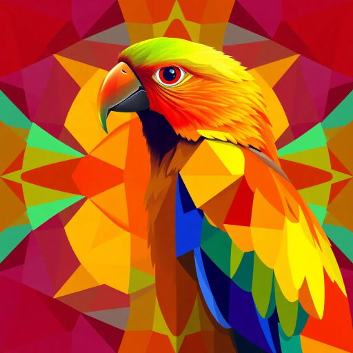 parrot, geometric, Bauhaus influence, vibrant colors, angular forms, abstract expressionism, vivid saturation, geometric abstraction, art deco, dynamic symmetry, bold shapes, modernism, contrasting hues, surrealistic touch, cubist echoes, colorful tessellations, polygonal textures, harmonious balance, mid-century aesthetics, visual rhythm, kaleidoscopic composition, emotional vibrance, contemporary interpretation, intricate detail