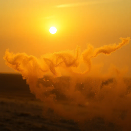 ethereal, swirling dust particles, carried by the wind, illuminated by golden sunset rays, reminiscent of John William Waterhouse, romanticism, atmospheric haze, majestic landscape, soft pastel colors, impressionistic brush strokes, gentle motion, magical realism, serene ambiance, touches of mysticism, elegant balance, poetic composition, timeless beauty, delicate textures, dynamic light interplay, dust as poetic metaphor