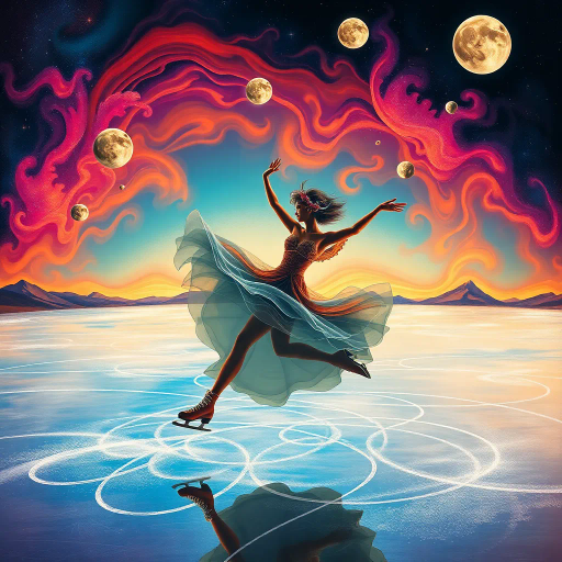 olympic figure skating contestant, surrealism, Salvador Dalí, dreamlike scenarios, flowing movement, ethereal grace, vibrant color palette, intertwining of reality and fantasy, symbolic ice rink, dynamic poses, iridescent shadows, celestial elements, whimsical curves, abstract forms, movement captured mid-spin, atmospheric perspective, surreal landscapes, intricate embroidery, cosmic backdrop, Art Deco inspirations, emotional intensity, surreal horizons, luminous glow, dreamscape, imaginative storytelling