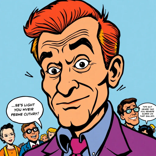 humor, satire, pop culture, vibrant colors, exaggerated expressions, Roy Lichtenstein, speech bubbles, dynamic composition, playful mood, retro aesthetics, bold outlines, caricature style, visual puns, comic strip panels, lowbrow art, cultural references, narrative jokes, cartoonish characters, humorous scenarios, sequential art, parody, contemporary themes