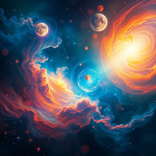 cosmic vistas, abstract nebulae, surreal starfields, celestial bodies, vibrant colors, swirling galactic patterns, ethereal atmosphere, Hubble Telescope-inspired, van Gogh starry textures, dreamscape universe, vast expanses, cosmic dust, luminous glow, interstellar travel, mystical aura, science fiction, visionary composition, infinite cosmos, contemporary fantastical elements