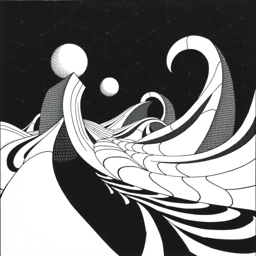 geometric shapes, intricate patterns, flowing lines, minimalist design, abstract expression, monochrome palette, dynamic movement, M.C. Escher influence, precise detailing, linear perspective, conceptual exploration, visual harmony, contour emphasis, spatial depth, surreal elements, optical illusions, mathematical precision, Escherian landscapes, avant-garde composition, black and white contrast, detailed tessellation, fluid dynamics, rhythmic patterns, visual paradox, surreal geometry, creative geometry, complex symmetry, interlocking forms, infinite loops, artistic exploration, artistic paradox, modern abstraction, artistic innovation, pen and ink medium