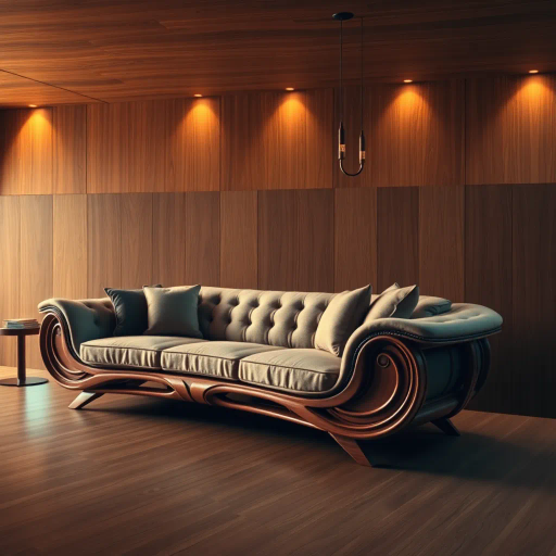 intricate sofa design, luxurious wood textures, contemporary elegance, ambient lighting, warm earthy tones, detailed craftsmanship, sophisticated upholstery, mid-century modern influence, sleek lines, refined aesthetics, harmonious composition, artisanal attention to detail, inviting atmosphere, rich color palette, dynamic perspective, minimalist chic, tactile surfaces, calming ambiance, timeless appeal, artful symmetry