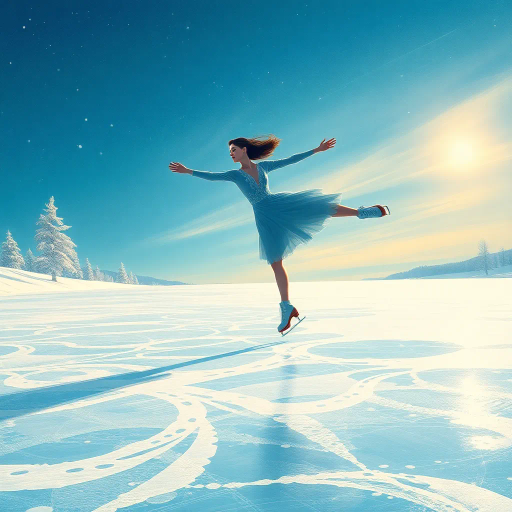 winter landscape, elegant skater, Olympic grace, dynamic motion, structured composition, shimmering ice, vibrant contrasts, soft blues, crisp whites, Gustave Dore influence, ethereal glow, serene ambiance, athletic prowess, flowing movement, harmonious balance, intricate patterns, art nouveau ornamentation, contemporary dynamics, frozen elegance, subtle textures, layered depth, innovative depiction, cultural excellence, delicate precision